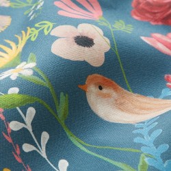 Tissu extérieur Dralon oiseaux fleurs bleu acier – Tissu au mètre – Oeko-Tex