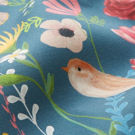 Tissu extérieur Dralon oiseaux fleurs bleu acier – Tissu au mètre – Oeko-Tex
