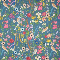 Tissu extérieur Dralon oiseaux fleurs bleu acier – Tissu au mètre – Oeko-Tex