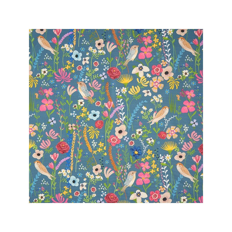 Tissu extérieur Dralon oiseaux fleurs bleu acier – Tissu au mètre – Oeko-Tex